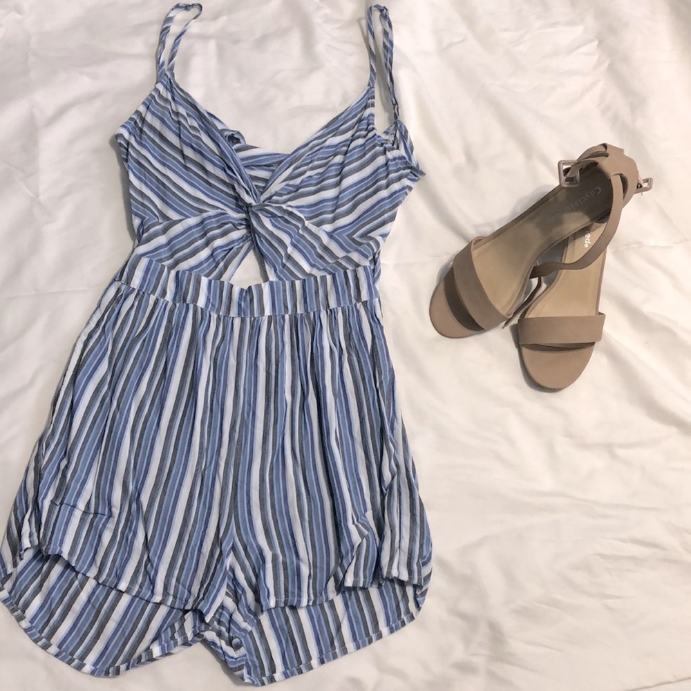 Striped Twist-Front Tie-Back Romper Aeropostale